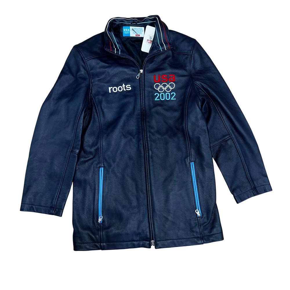 Roots usa 2002 olympic leather zip-up jacket with blue pocket zips